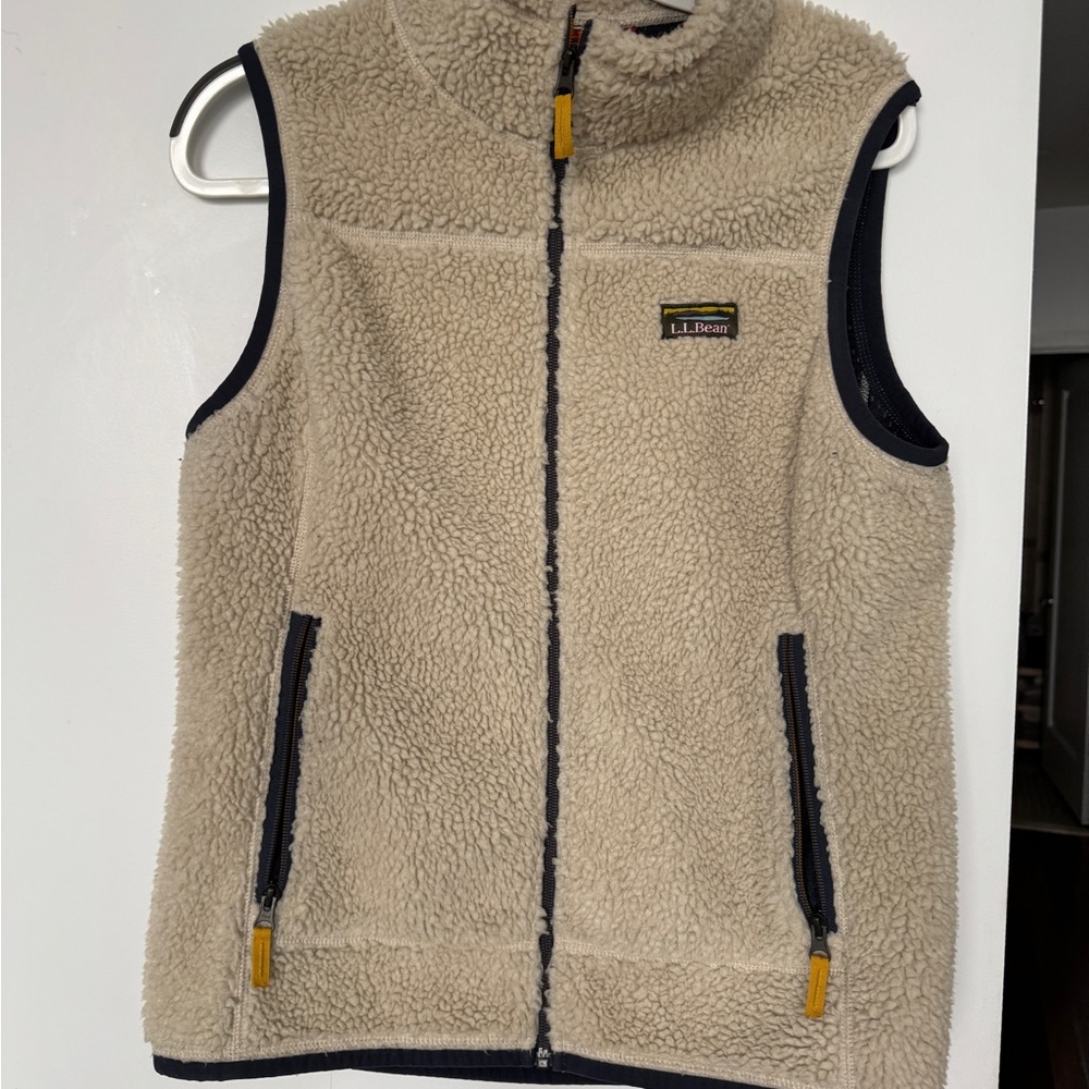 L.L. Bean Beige Fleece Vest with Navy Accents